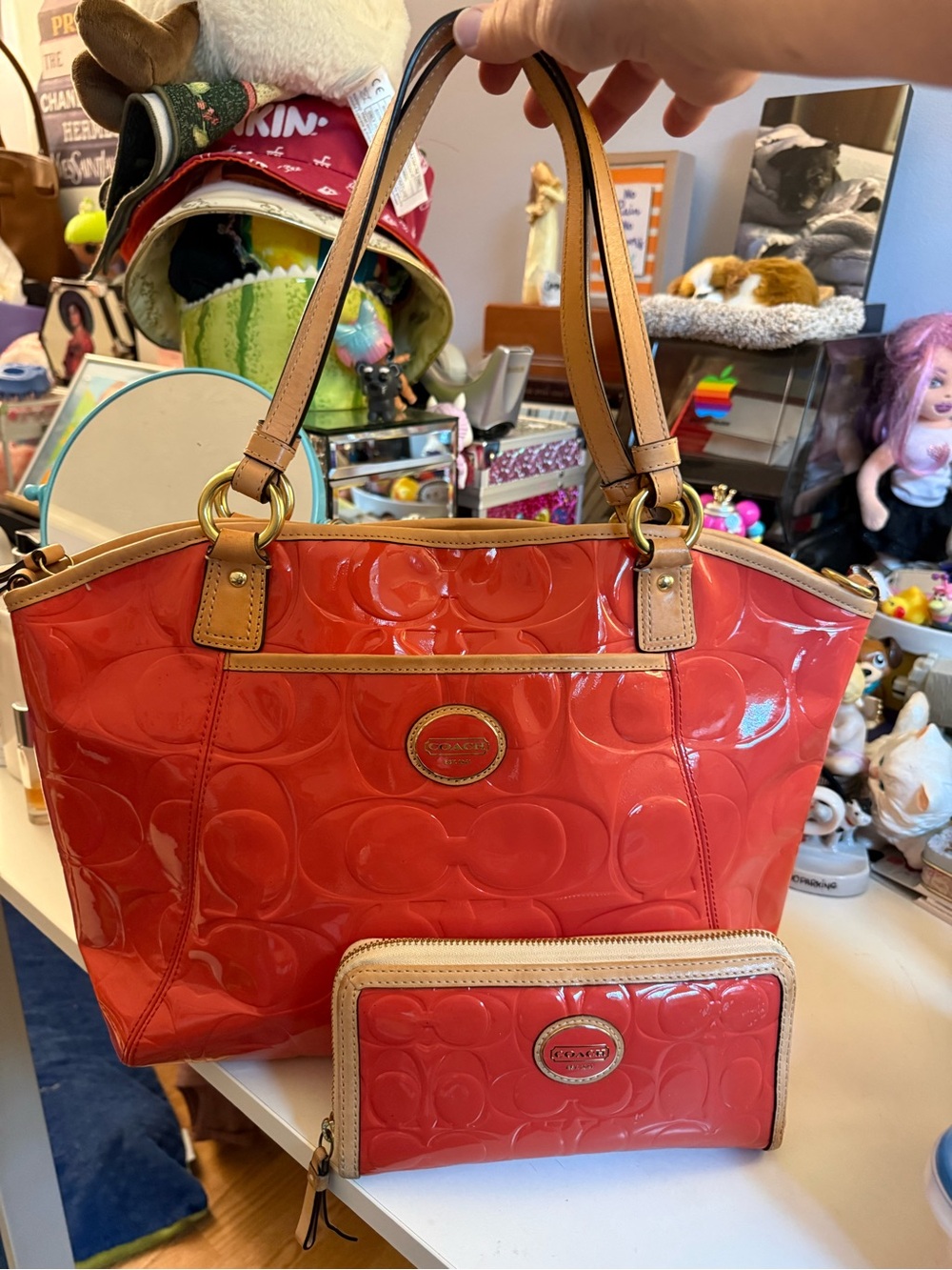 Vintage Coach Peyton Coral Patent Leather Tote with Matching Wallet